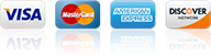 An image displaying logos of four major credit card companies: Visa, Mastercard, American Express, and Discover Network. Each logo is on a rounded rectangular button, with a reflection below it.