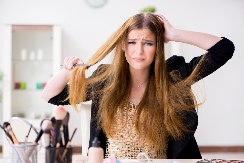 Woman caring for her hair extensions, showing how to make hair extensions last longer with proper brushing and washing